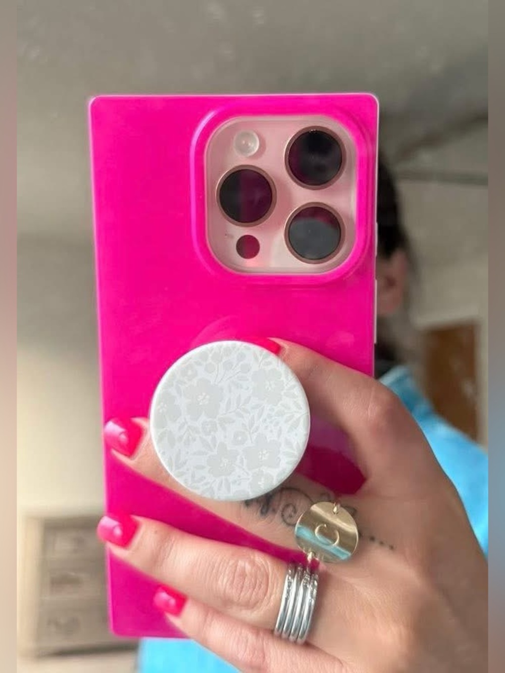 Amazon hot pink square case with white popsocket